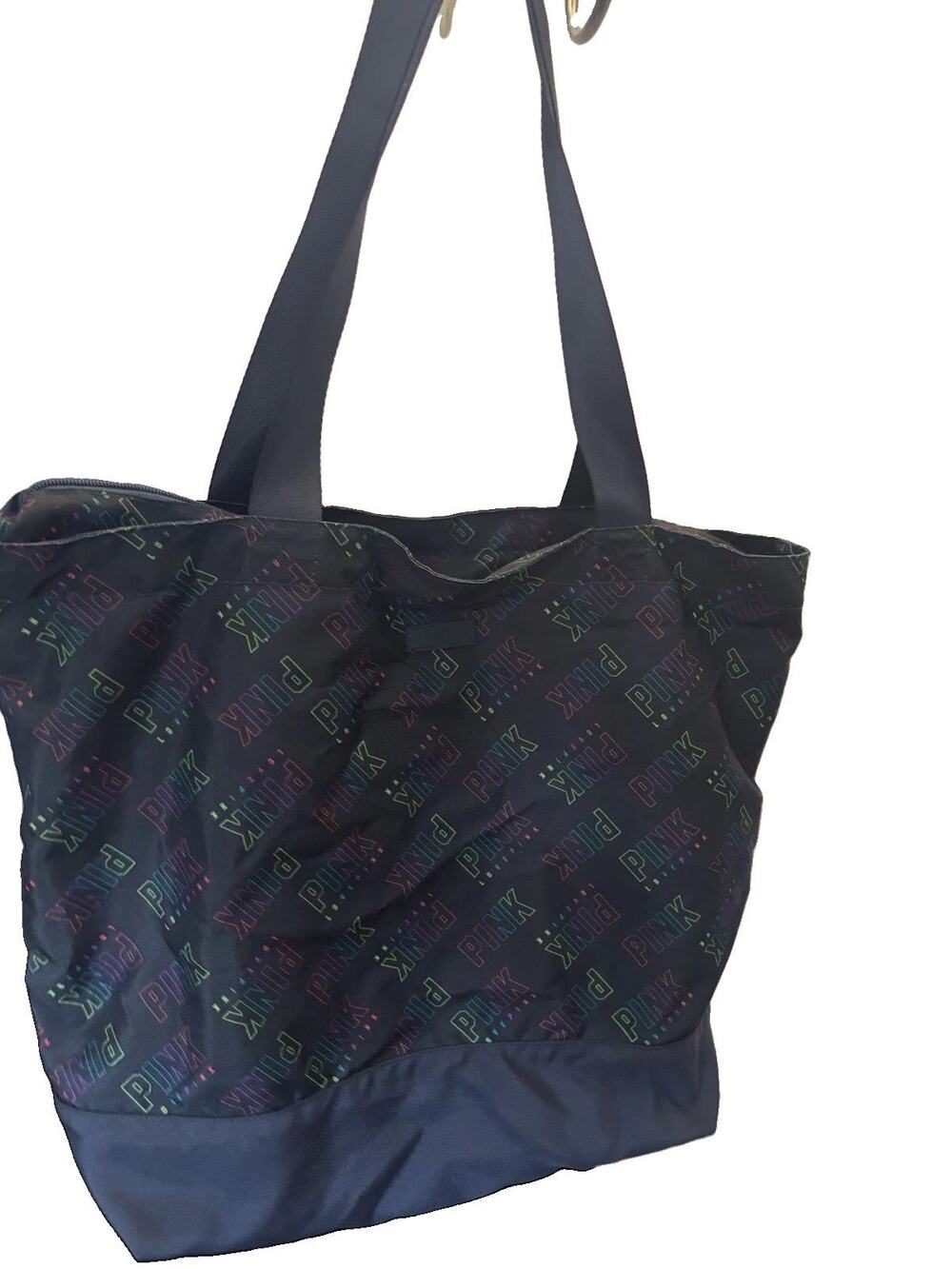 Victoria’s Secret PINK Black Rainbow Logo Tote Bag Large Weekender Travel Zip